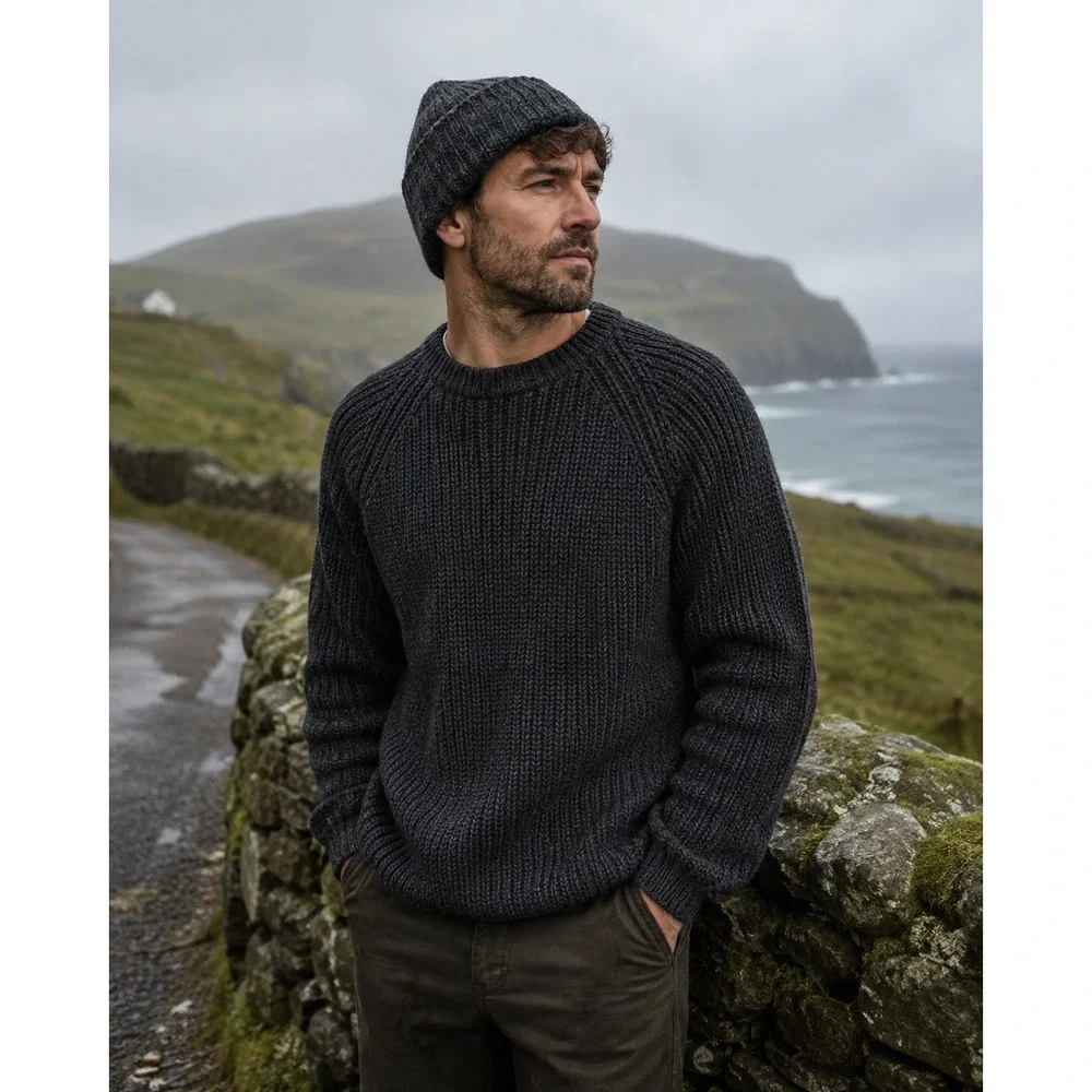 NEW Aran Crafts Fisherman Rib Crew Neck Sweater Mens L Charcoal Wool Ireland